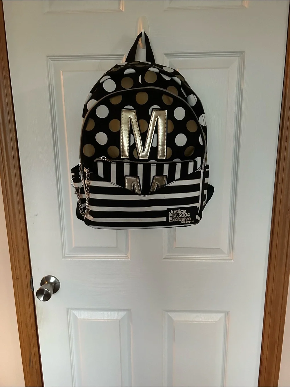 Justice Black, White & Gold Polka Dot Backpack with Metallic M